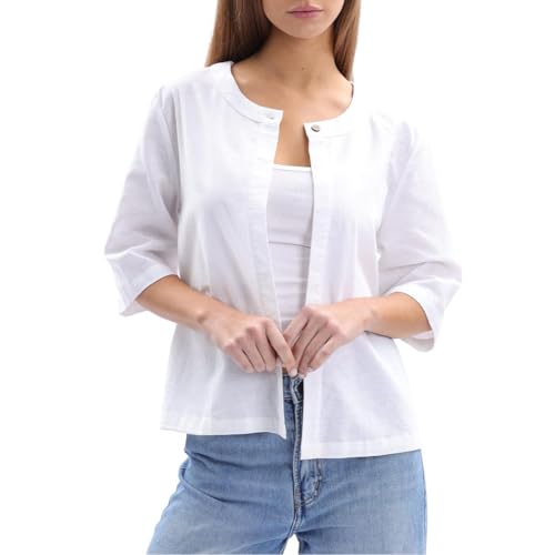Amazhiyu Leinen Baumwolle offene Front Cropped Cardigan mit 1/2 Ärmel, Solid Color Sommer Jacke, Weiß, M von Amazhiyu