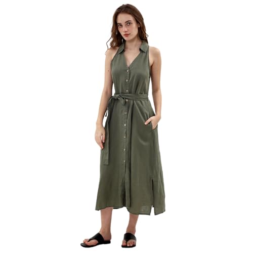 Amazhiyu Leinenkleider Blusenkleid Damen, Sommerkleid Maxikleid Damenkleider A Linien Kleider Sommer Lang V Ausschnitt Hemdblusenkleid Hemdkleid Mit Taschen und Hüftgürtel, Grün, S von Amazhiyu