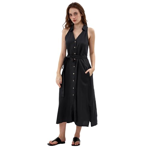 Amazhiyu Leinenkleider Blusenkleid Damen, Sommerkleid Maxikleid Damenkleider A Linien Kleider Sommer Lang V Ausschnitt Hemdblusenkleid Hemdkleid Mit Taschen und Hüftgürtel, Schwarz, L von Amazhiyu