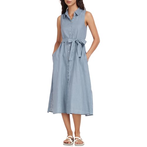Amazhiyu Leinenkleider Blusenkleid Damen, Damenkleider Hemdkleid Maxikleider Sommer Kleider Ärmellos Sommerkleid Strandkleid Hemdblusenkleid Kleid Lang Elegant Mit Taschen und Hüftgürtel, Graublau, M von Amazhiyu