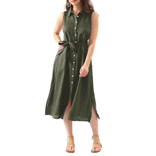 Amazhiyu Leinenkleider Blusenkleid Damen, Damenkleider Hemdkleid Maxikleider Sommer Kleider Ärmellos Sommerkleid Strandkleid Hemdblusenkleid Kleid Lang Elegant Mit Taschen und Hüftgürtel, Grün, M von Amazhiyu