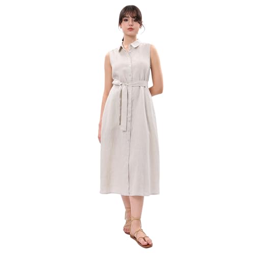 Amazhiyu Leinenkleider Blusenkleid Damen, Damenkleider Hemdkleid Maxikleider Sommer Kleider Ärmellos Sommerkleid Strandkleid Hemdblusenkleid Kleid Lang Elegant Mit Taschen und Hüftgürtel, Leinen, L von Amazhiyu