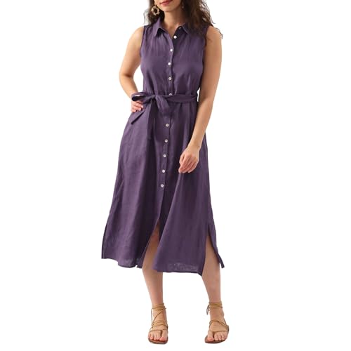 Amazhiyu Leinenkleider Blusenkleid Damen, Damenkleider Hemdkleid Maxikleider Sommer Kleider Ärmellos Sommerkleid Strandkleid Hemdblusenkleid Kleid Lang Elegant Mit Taschen und Hüftgürtel, Violett, L von Amazhiyu