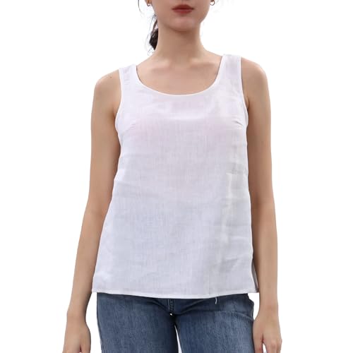 Amazhiyu Leinen Tank Tops für Damen, Sommer Cami Oberteile Ärmellose Rundhalsausschnitt Blusen Top Shirts, Basic Leinen Blusen Tops Weiß L von Amazhiyu