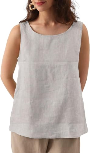 Amazhiyu Leinen Top für Damen, Sommer Crop Tank Tops, Ärmellos Tshirt Rundhalsausschnitt Blusentops, Lässig Locker Vest Oberteil, Flachs, M von Amazhiyu