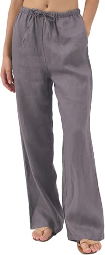 Amazhiyu Damenhosen Leinen Hosen Damen Leinenhose Sommer Lockere Sommerhose Leicht Lang Wide Leg Hose Stoffhose Freizeithose Mit Taschen, Dunkelgrau, L von Amazhiyu