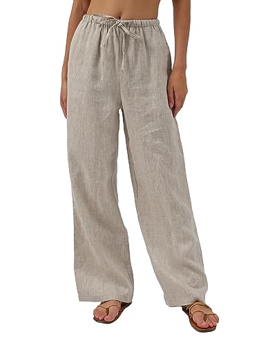 Amazhiyu Damenhosen Leinen Hosen Damen Leinenhose Sommer Lockere Sommerhose Leicht Lang Wide Leg Hose Stoffhose Freizeithose Mit Taschen, Flachs, XL von Amazhiyu
