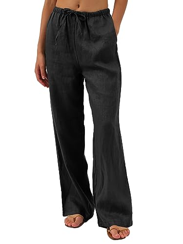 Amazhiyu Damenhosen Leinen Hosen Damen Leinenhose Sommer Lockere Sommerhose Leicht Lang Wide Leg Hose Stoffhose Freizeithose Mit Taschen, Schwarz, S von Amazhiyu