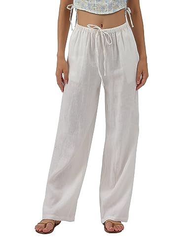 Amazhiyu Damenhosen Leinen Hosen Damen Leinenhose Sommer Lockere Sommerhose Leicht Lang Wide Leg Hose Stoffhose Freizeithose Mit Taschen, Weiß, L von Amazhiyu