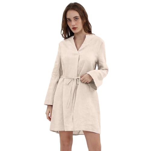 Amazhiyu Leinenkleid Blusenkleid Damen Shirtkleid Damenkleider Tunikakleid Kleid Langarm Sommer Leinen A Linien Tunika Hemdblusenkleid Sommerkleid Midikleid V-Ausschnitt Kleider Knielang, Flachs, L von Amazhiyu