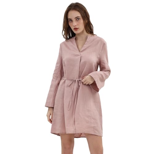 Amazhiyu Leinenkleid Blusenkleid Damen Shirtkleid Damenkleider Tunikakleid Kleid Langarm Sommer Leinen A Linien Tunika Hemdblusenkleid Sommerkleid Midikleid V-Ausschnitt Kleider Knielang, Rosa, L von Amazhiyu
