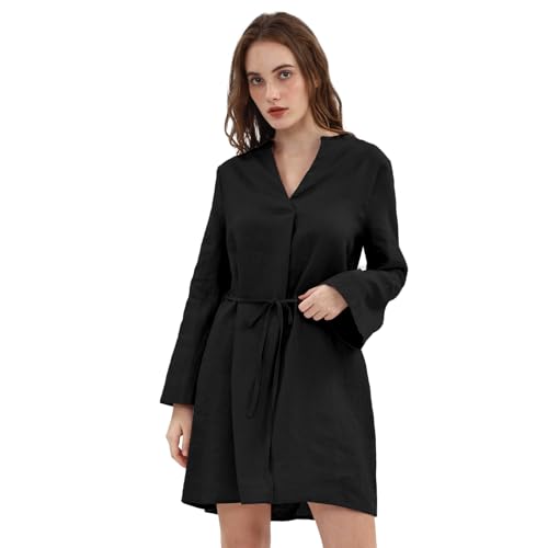 Amazhiyu Leinenkleid Blusenkleid Damen Shirtkleid Damenkleider Tunikakleid Kleid Langarm Sommer Leinen A Linien Tunika Hemdblusenkleid Sommerkleid Midikleid V-Ausschnitt Kleider Knielang, Schwarz, XL von Amazhiyu