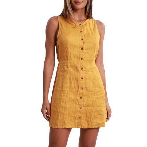 Amazhiyu Leinenkleid Damen, 100% Leinen Tank Kleider Sommer Kurz Ärmellos Sommerkleid Strandkleid Freizeitkleid Minikleid Button Down A Linien Kleid, Gelb, S von Amazhiyu