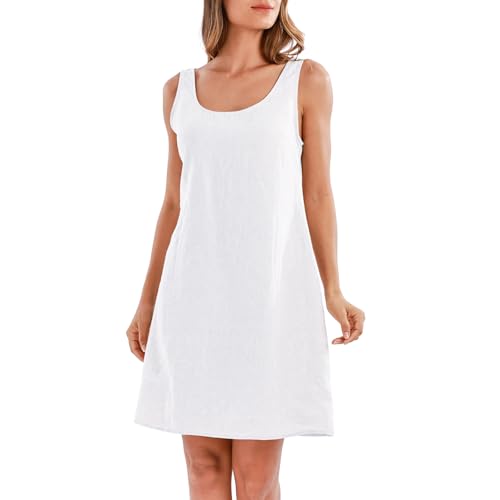 Amazhiyu Leinenkleid Damen, Ärmellos Midikleid Sommerkleid Leinen Kleider Sommer A Linien Strandkleid Knielang Rundhals Freizeit Tank Kleid, Weiß, L von Amazhiyu