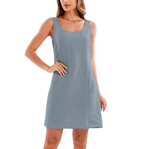 Amazhiyu Leinenkleid Damen, Ärmellos Midikleid Sommerkleid Leinen Kleider Sommer A Linien Strandkleid Knielang Rundhals Freizeit Tank Kleid, Blau, XL von Amazhiyu