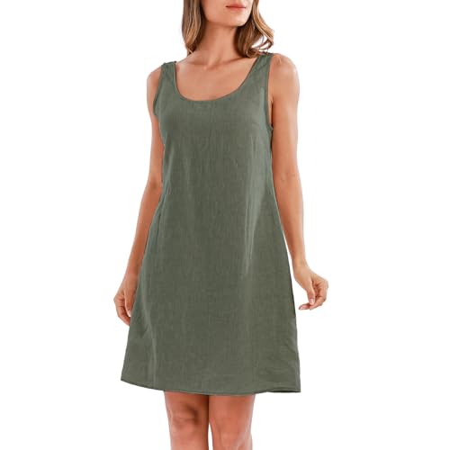 Amazhiyu Leinenkleid Damen, Ärmellos Midikleid Sommerkleid Leinen Kleider Sommer A Linien Strandkleid Knielang Rundhals Freizeit Tank Kleid, Grün, L von Amazhiyu