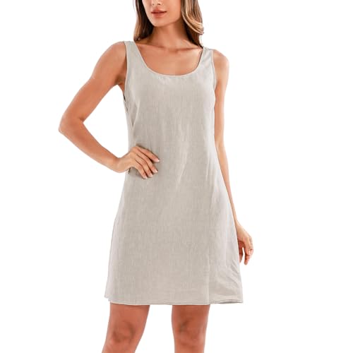 Amazhiyu Leinenkleid Damen, Ärmellos Midikleid Sommerkleid Leinen Kleider Sommer A Linien Strandkleid Knielang Rundhals Freizeit Tank Kleid, Leinen, S von Amazhiyu