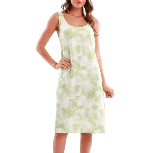 Amazhiyu Leinenkleid Damen, Ärmellos Midikleid Sommerkleid Leinen Kleider Sommer A Linien Strandkleid Knielang U-Kragen Freizeit Tank Kleid, Grün, L von Amazhiyu