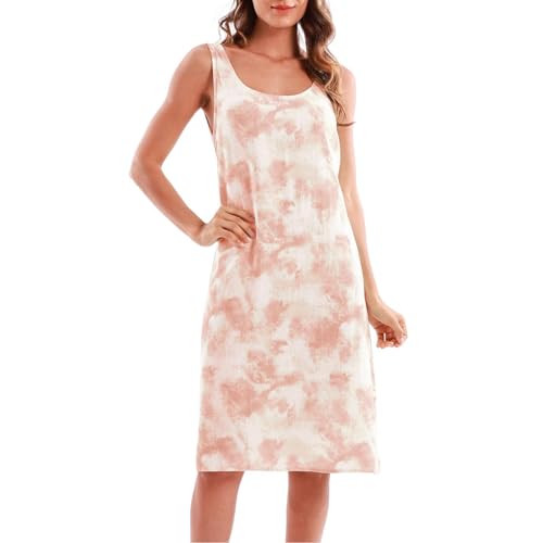 Amazhiyu Leinenkleid Damen, Ärmellos Midikleid Sommerkleid Leinen Kleider Sommer A Linien Strandkleid Knielang U-Kragen Freizeit Tank Kleid, Rosa, XL von Amazhiyu