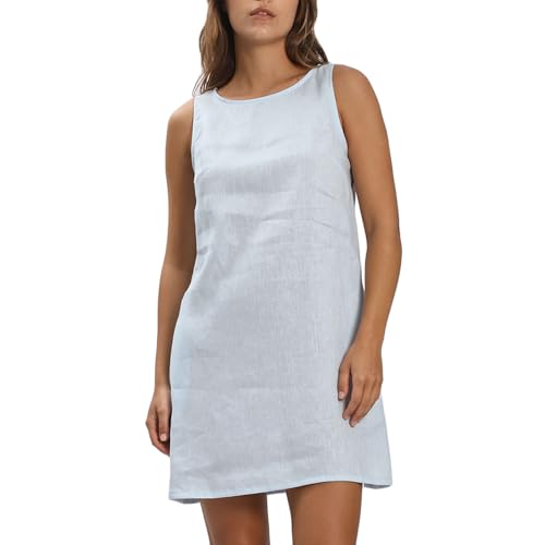 Amazhiyu Leinenkleid Damen, Ärmellos Sommerkleid Leinen Strandkleid, A Linien Midikleid Sommer Freizeit Rundhals Knielang Tank Kleider Mit Taschen, Blau, M von Amazhiyu