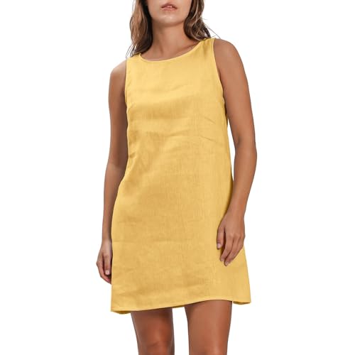 Amazhiyu Leinenkleid Damen, Ärmellos Sommerkleid Leinen Strandkleid, A Linien Midikleid Sommer Freizeit Rundhals Knielang Tank Kleider Mit Taschen, Gelb, M von Amazhiyu