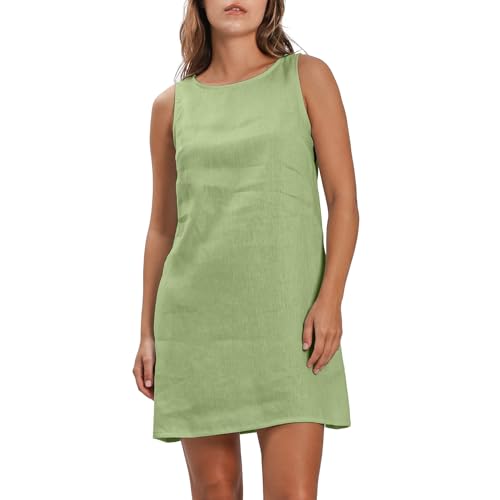 Amazhiyu Leinenkleid Damen, Ärmellos Sommerkleid Leinen Strandkleid, A Linien Midikleid Sommer Freizeit Rundhals Knielang Tank Kleider Mit Taschen, Grün, S von Amazhiyu