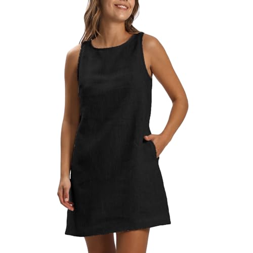 Amazhiyu Leinenkleid Damen, Ärmellos Sommerkleid Leinen Strandkleid, A Linien Midikleid Sommer Freizeit Rundhals Knielang Tank Kleider Mit Taschen, Schwarz, S von Amazhiyu