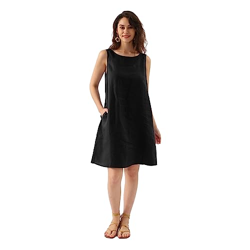 Amazhiyu Leinenkleid Damen, Ärmellos Sommerkleid Strandkleid A Linien Damenkleider Sommer Kleider Midikleid Knielang Rundhals Freizeitkleid Mit Taschen, Schwarz, S von Amazhiyu