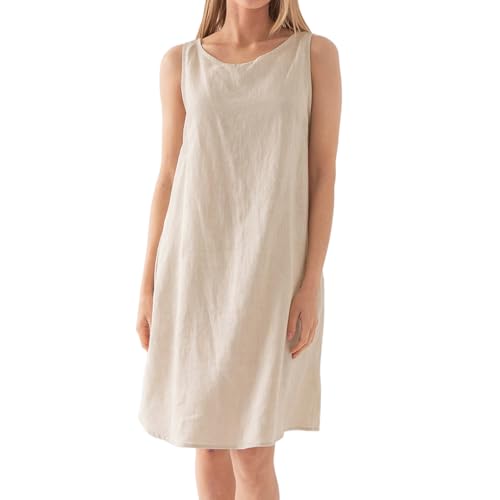 Amazhiyu Leinenkleid Damen, Ärmellos Sommerkleid Strandkleid A Linien Damenkleider Sommer Kleider Midikleid Knielang Rundhals Freizeitkleid Mit Taschen, Beige, XL von Amazhiyu
