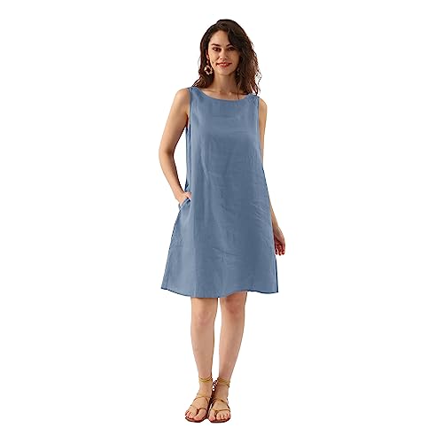 Amazhiyu Leinenkleid Damen, Ärmellos Sommerkleid Strandkleid A Linien Damenkleider Sommer Kleider Midikleid Knielang Rundhals Freizeitkleid Mit Taschen, Denim-Blau, L von Amazhiyu
