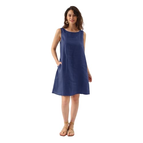 Amazhiyu Leinenkleid Damen, Ärmellos Sommerkleid Strandkleid A Linien Damenkleider Sommer Kleider Midikleid Knielang Rundhals Freizeitkleid Mit Taschen, Marineblau, S von Amazhiyu