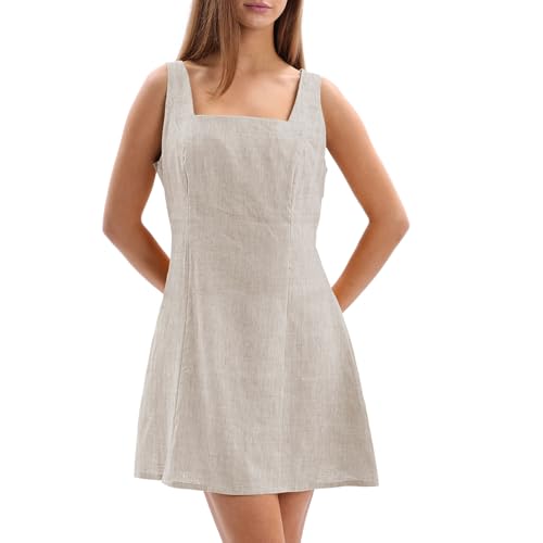 Amazhiyu Leinenkleid Damen, Leinen Ärmellos Sommerkleid Strandkleid, Tank Minikleid Mit Reißverschluss Flachs L von Amazhiyu