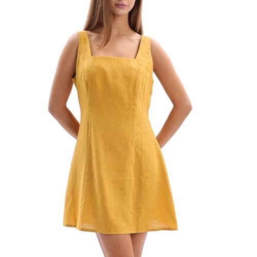 Amazhiyu Leinenkleid Damen, Leinen Ärmellos Sommerkleid Strandkleid, Tank Minikleid Mit Reißverschluss Gelb L von Amazhiyu