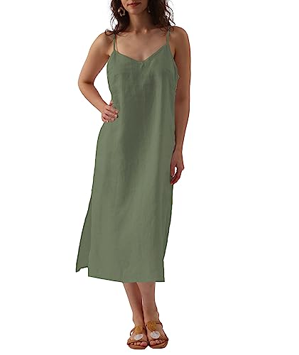 Amazhiyu Damenkleider Sommer Leinenkleid Maxikleid Langes Sommerkleid Maxi Blumenkleid Spaghettiträger Trägerkleid Ärmellos V-Ausschnitt Strand Kleid Mit Taschen, Grün, L von Amazhiyu