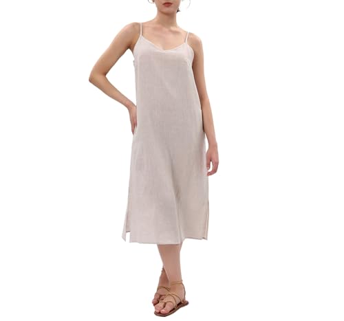 Amazhiyu Damenkleider Sommer Leinenkleid Maxikleid Langes Sommerkleid Maxi Blumenkleid Spaghettiträger Trägerkleid Ärmellos V-Ausschnitt Strand Kleid Mit Taschen, Leinen, M von Amazhiyu