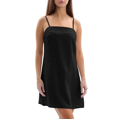 Amazhiyu Damenkleider Sommer Leinenkleid Damen A Linien Leinen Kleid Leichtes Sommerkleid Kurz Minikleid Ärmellos Strandkleid Spaghettiträger Trägerkleid, Schwarz, L von Amazhiyu