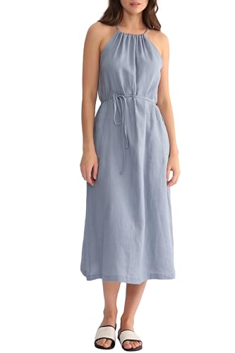 Amazhiyu Kleider Sommer Leinenkleid Damen Sommerkleid Strandkleid Lang 100% Leinen Maxikleid Damenkleider Neckholder Freizeitkleid Mit Gürtel und Taschen, Blau, L von Amazhiyu