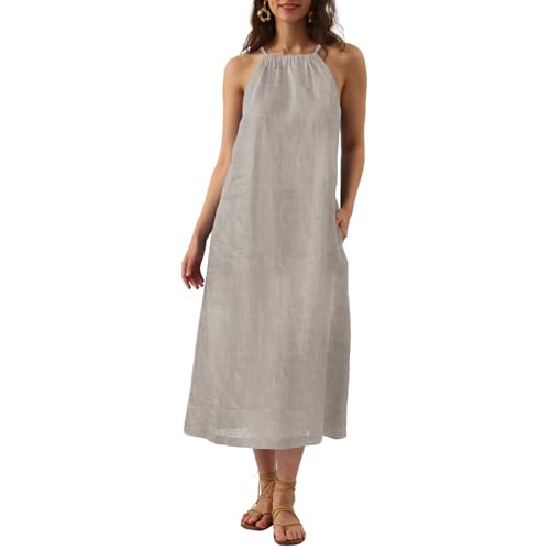 Amazhiyu Kleider Sommer Leinenkleid Damen Sommerkleid Strandkleid Lang 100% Leinen Maxikleid Damenkleider Neckholder Freizeitkleid Mit Gürtel und Taschen, Leinen, M von Amazhiyu