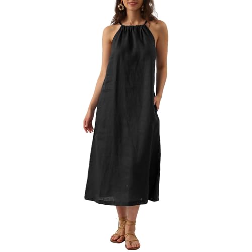 Amazhiyu Kleider Sommer Leinenkleid Damen Sommerkleid Strandkleid Lang 100% Leinen Maxikleid Damenkleider Neckholder Freizeitkleid Mit Gürtel und Taschen, Schwarz, L von Amazhiyu