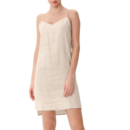 Amazhiyu Leinenkleid Damen Sommer, Sommerkleid Knielang Strandkleid, Ärmellos Trägerkleid V-Ausschnitt Midikleid, Freizeit Spaghettiträger Kleider Kurz mit Taschen, Beige, M von Amazhiyu
