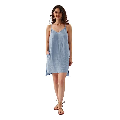 Amazhiyu Leinenkleid Damen Sommer, Sommerkleid Knielang Strandkleid, Ärmellos Trägerkleid V-Ausschnitt Midikleid, Freizeit Spaghettiträger Kleider Kurz mit Taschen, Blau, S von Amazhiyu
