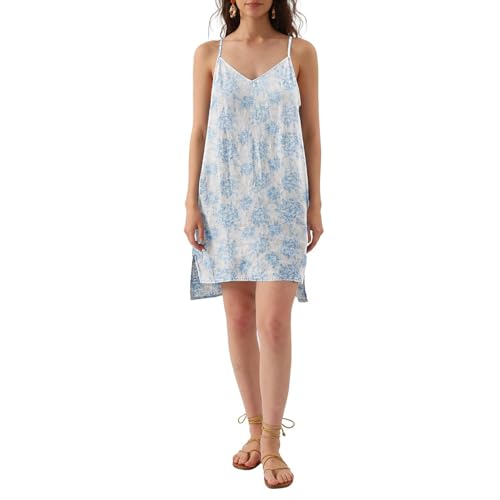 Amazhiyu Leinenkleid Damen Sommer, Sommerkleid Knielang Strandkleid, Ärmellos Trägerkleid V-Ausschnitt Midikleid, Freizeit Spaghettiträger Kleider Kurz mit Taschen, Blau Blumen2, XL von Amazhiyu