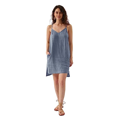 Amazhiyu Leinenkleid Damen Sommer, Sommerkleid Knielang Strandkleid, Ärmellos Trägerkleid V-Ausschnitt Midikleid, Freizeit Spaghettiträger Kleider Kurz mit Taschen, Denim-Blau, M von Amazhiyu