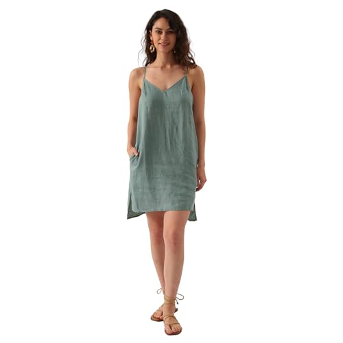 Amazhiyu Leinenkleid Damen Sommer, Sommerkleid Knielang Strandkleid, Ärmellos Trägerkleid V-Ausschnitt Midikleid, Freizeit Spaghettiträger Kleider Kurz mit Taschen, Grün, S von Amazhiyu