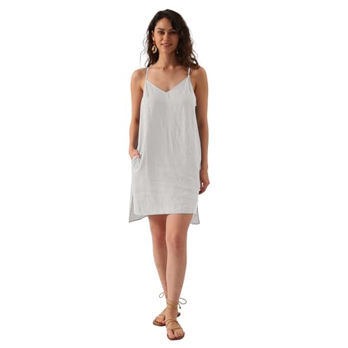 Amazhiyu Leinenkleid Damen Sommer, Sommerkleid Knielang Strandkleid, Ärmellos Trägerkleid V-Ausschnitt Midikleid, Freizeit Spaghettiträger Kleider Kurz mit Taschen, Weiß, S von Amazhiyu