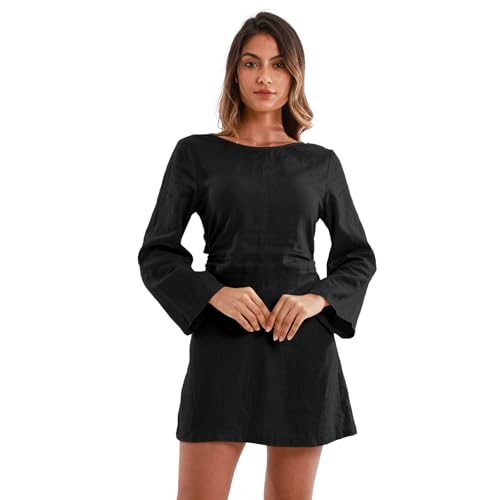 Amazhiyu Leinenkleid für Damen, lässig, langärmelig, Rundhalsausschnitt, Strandkleider für Sommer/Herbst, knielang, Schwarz , M Amazhiyu Leinenkleid für Damen, lässig, langärmelig, Rundhalsausschnitt, Strandkleider für Sommer/Herbst, knielang, Schwarz , M von Amazhiyu