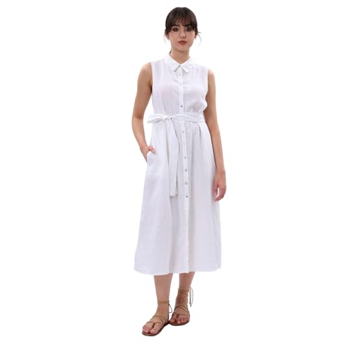 Amazhiyu Leinenkleider Blusenkleid Damen, Damenkleider Hemdkleid Maxikleider Sommer Kleider Ärmellos Sommerkleid Strandkleid Hemdblusenkleid Kleid Lang Elegant Mit Taschen und Hüftgürtel, Weiß, XL von Amazhiyu