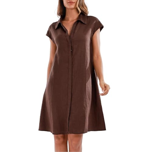 Amazhiyu Leinenkleider Blusenkleid Damen Sommerkleid Midi Knielang Tunikakleid Midikleid Damenkleider A Linien Kleid Sommer Hemdblusenkleid Hemdkleid Mit ärmel und Hüftgürtel, Braun, XL von Amazhiyu