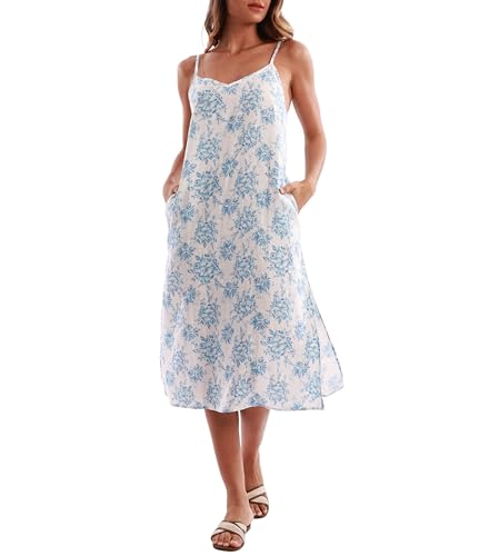 Amazhiyu Damenkleider Sommer Leinenkleid Maxikleid Langes Sommerkleid Maxi Blumenkleid Spaghettiträger Trägerkleid Ärmellos V-Ausschnitt Strand Kleid Mit Taschen, Blau Blume, M von Amazhiyu
