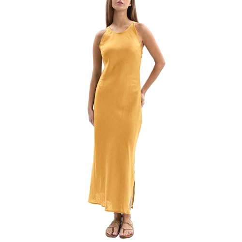 Amazhiyu Leinenkleider Damen Sommer, Leinen Maxikleid Sommerkleid Ärmellos Bodycon Kleid Damenkleider Strandkleid Lang Mit Schlitz, Gelb, L von Amazhiyu